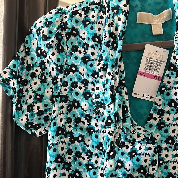 Michael Kors Neck tie teal Blue black Floral Top XXS NWT - Picture 3 of 8